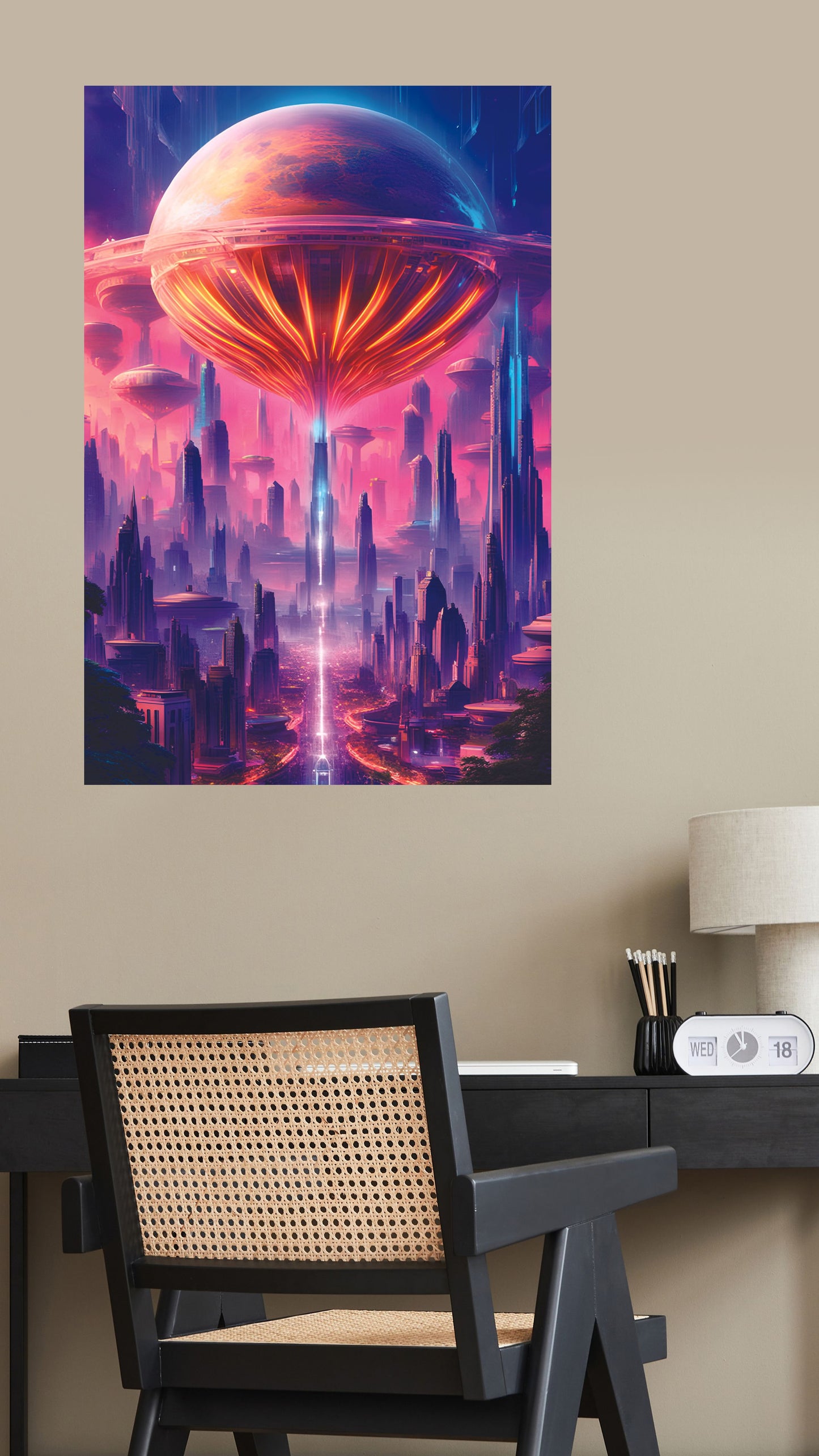 Neon City of Tomorrow: Futuristic Skyline Metal Poster