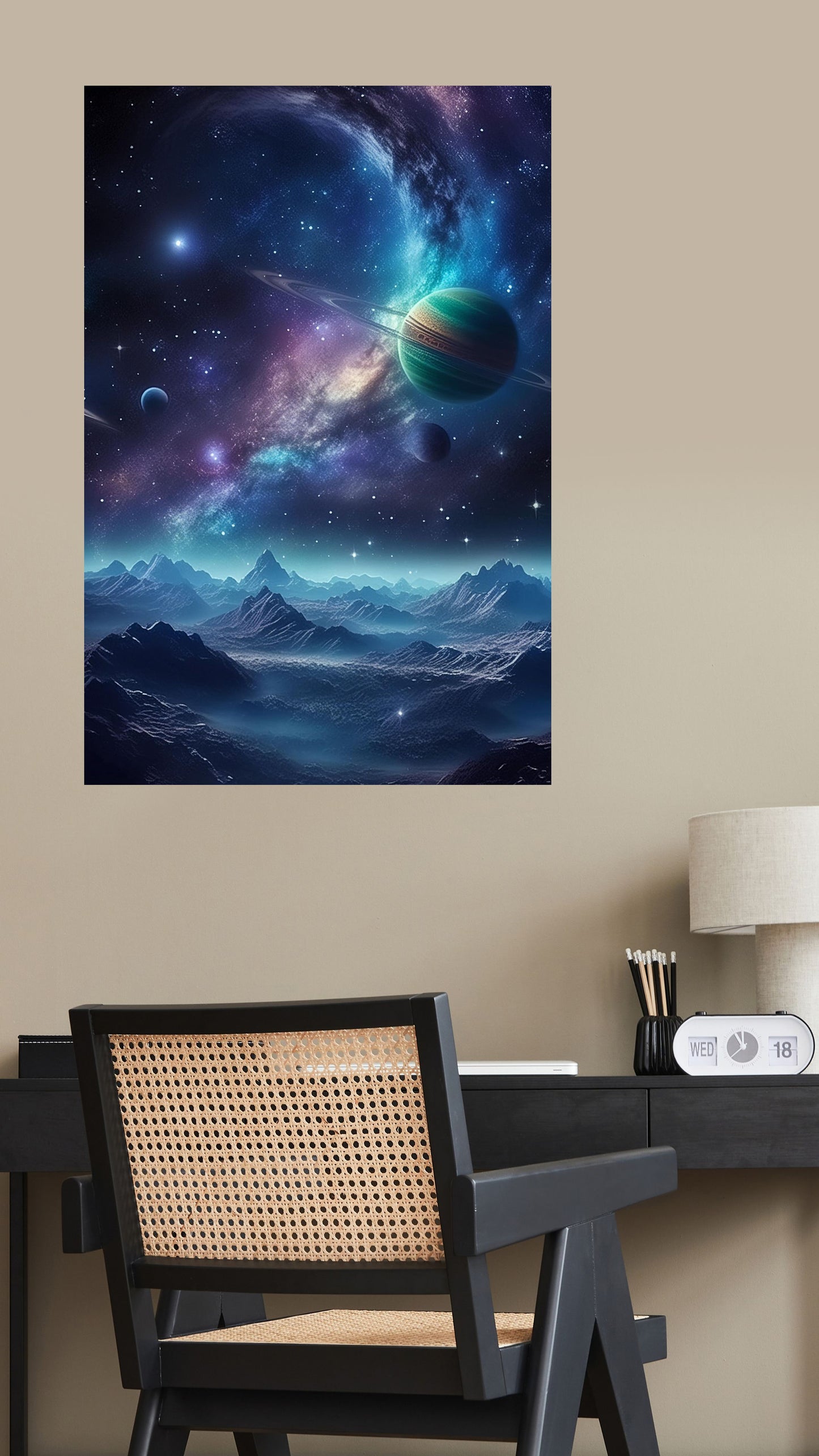 Ethereal Nightscape: Mystical Mountains Under Cosmic Skies Metal Poster