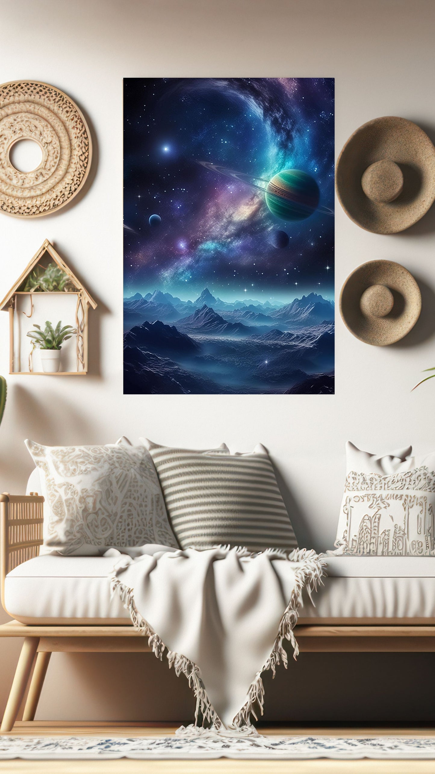 Ethereal Nightscape: Mystical Mountains Under Cosmic Skies Metal Poster