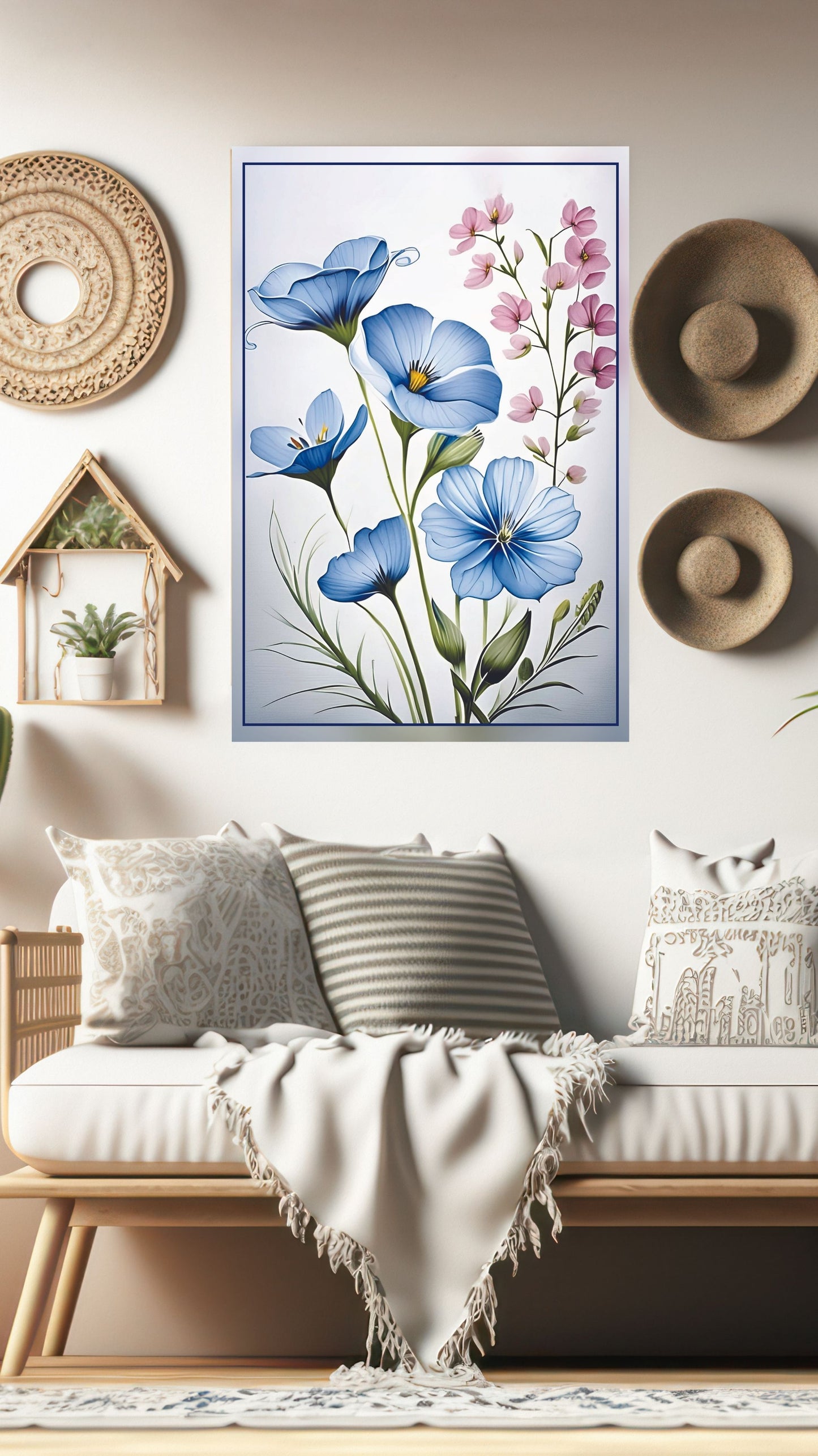 Blue Blossom Symphony: Vintage Floral Metal Poster