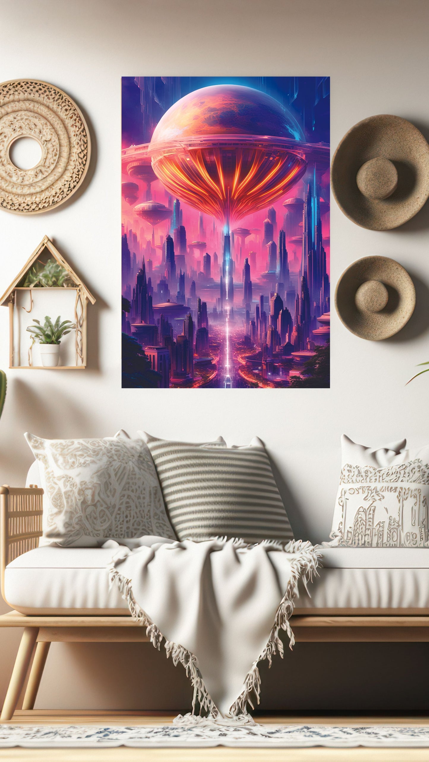 Neon City of Tomorrow: Futuristic Skyline Metal Poster