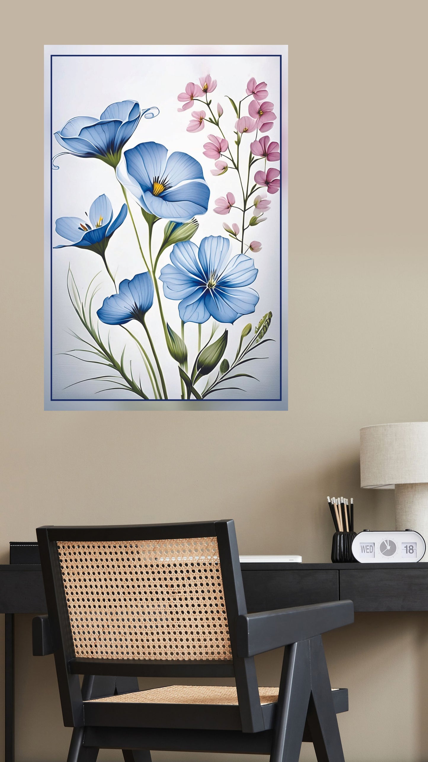 Blue Blossom Symphony: Vintage Floral Metal Poster
