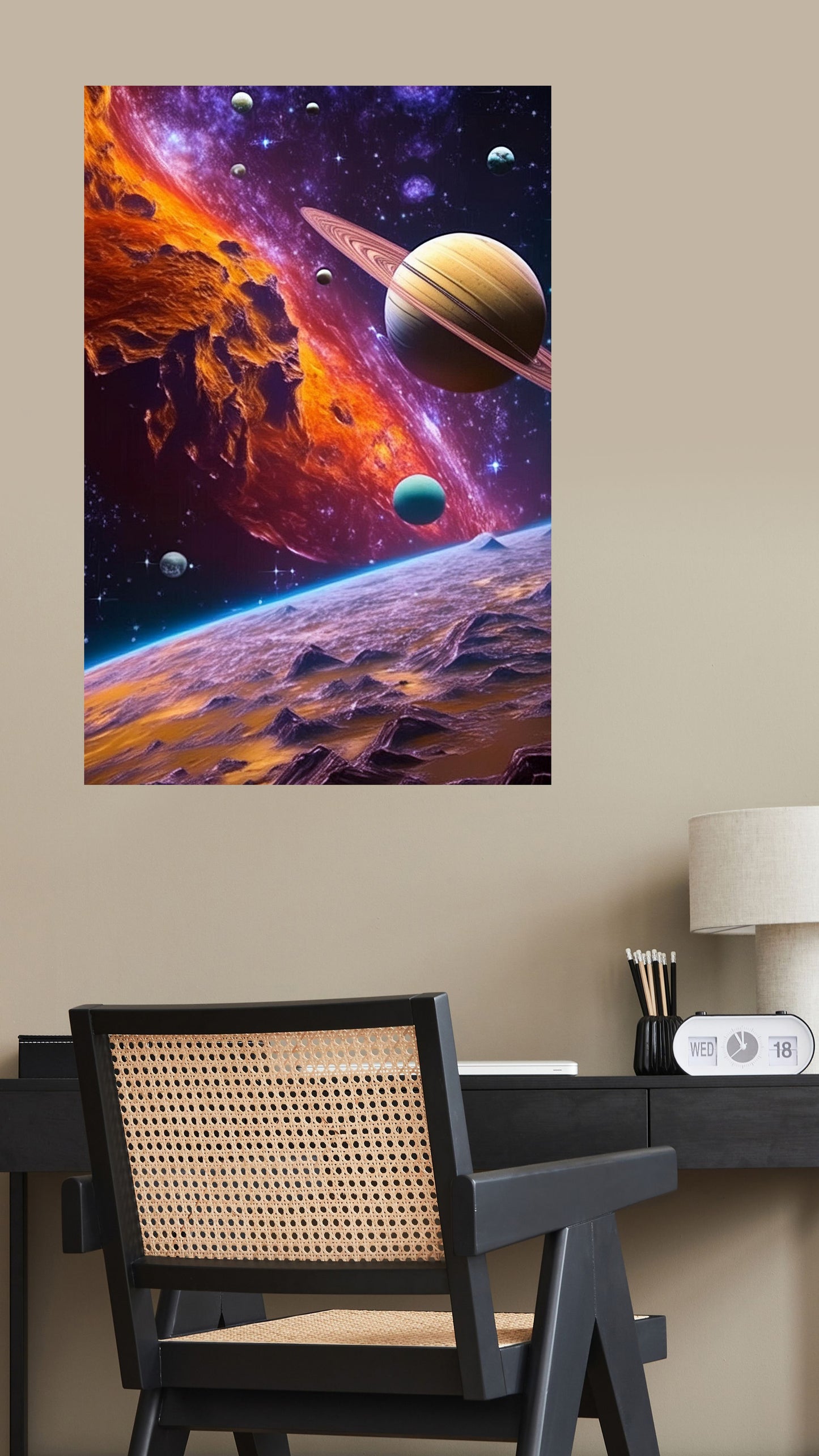 Cosmic Marvel: Celestial Rings and Fiery Horizons Metal Poster