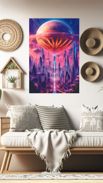 Neon City of Tomorrow: Futuristic Skyline Metal Poster