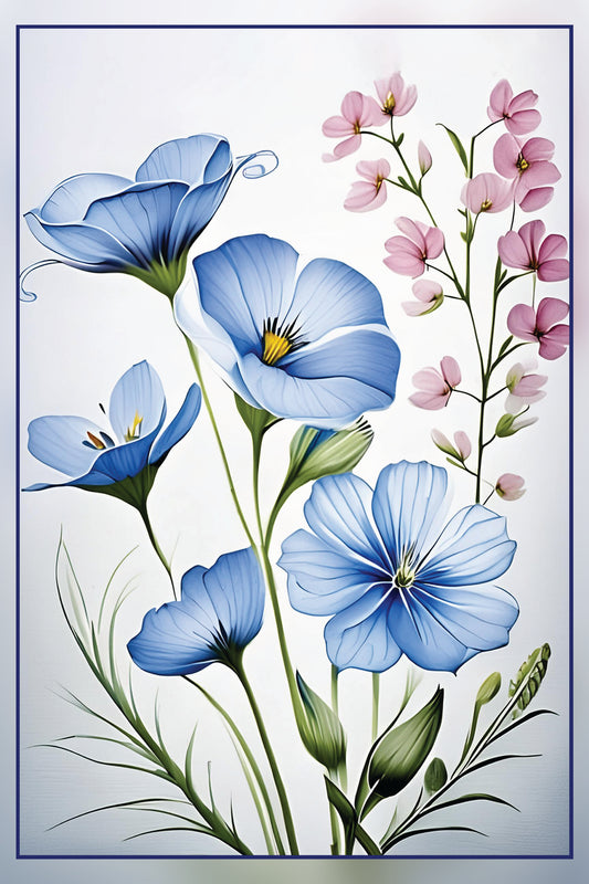 Blue Blossom Symphony: Vintage Floral Metal Poster