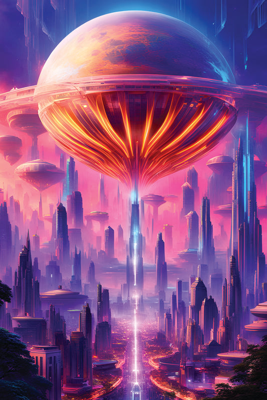 Neon City of Tomorrow: Futuristic Skyline Metal Poster