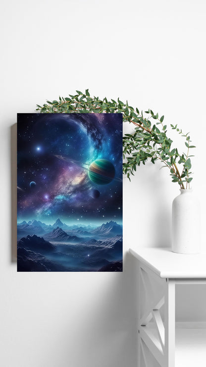 Ethereal Nightscape: Mystical Mountains Under Cosmic Skies Metal Poster
