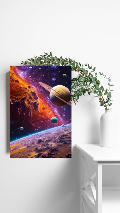 Cosmic Marvel: Celestial Rings and Fiery Horizons Metal Poster